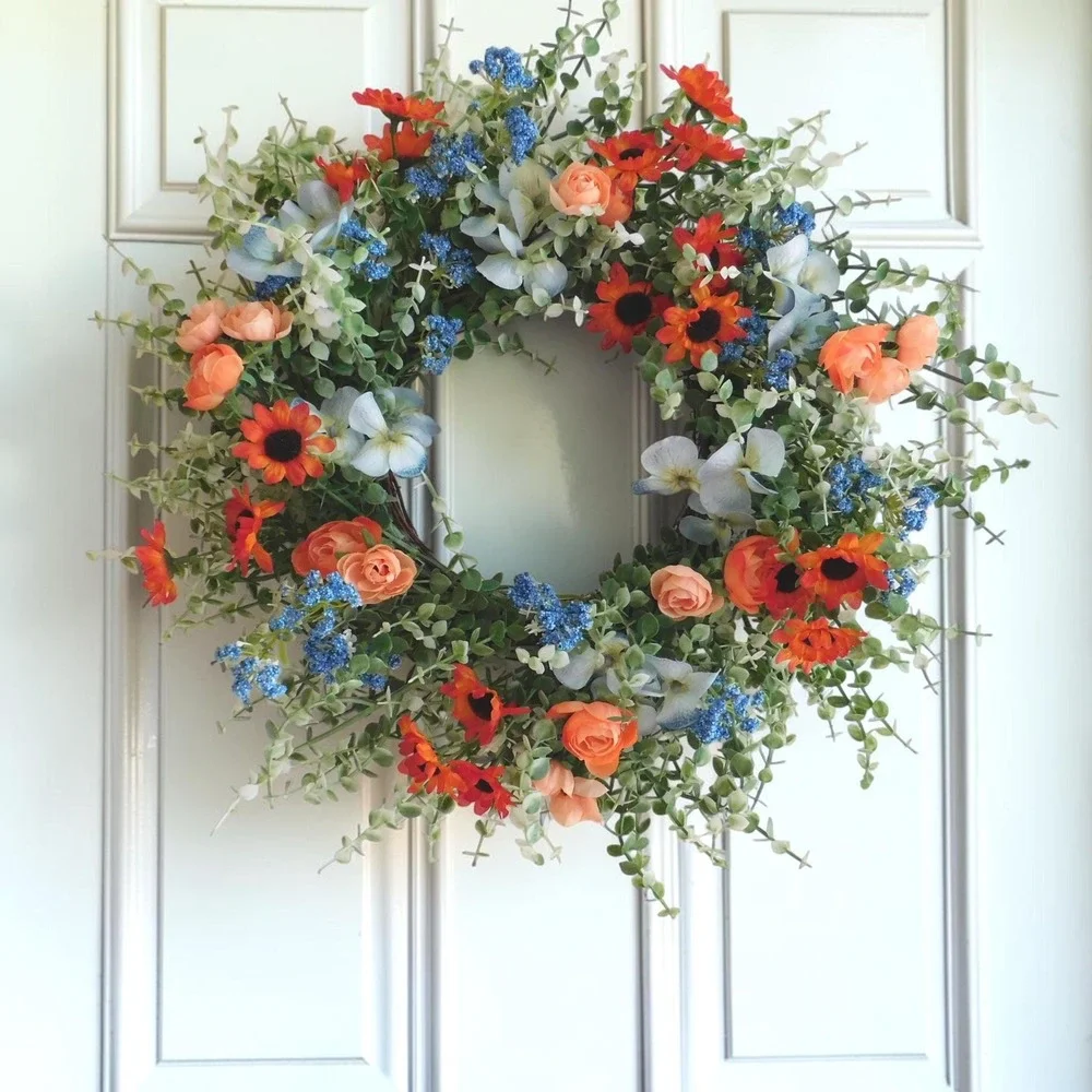 Wildflower Summer Wreath Wire Vine, Front Door, Blue Hydrangea, sunflowers